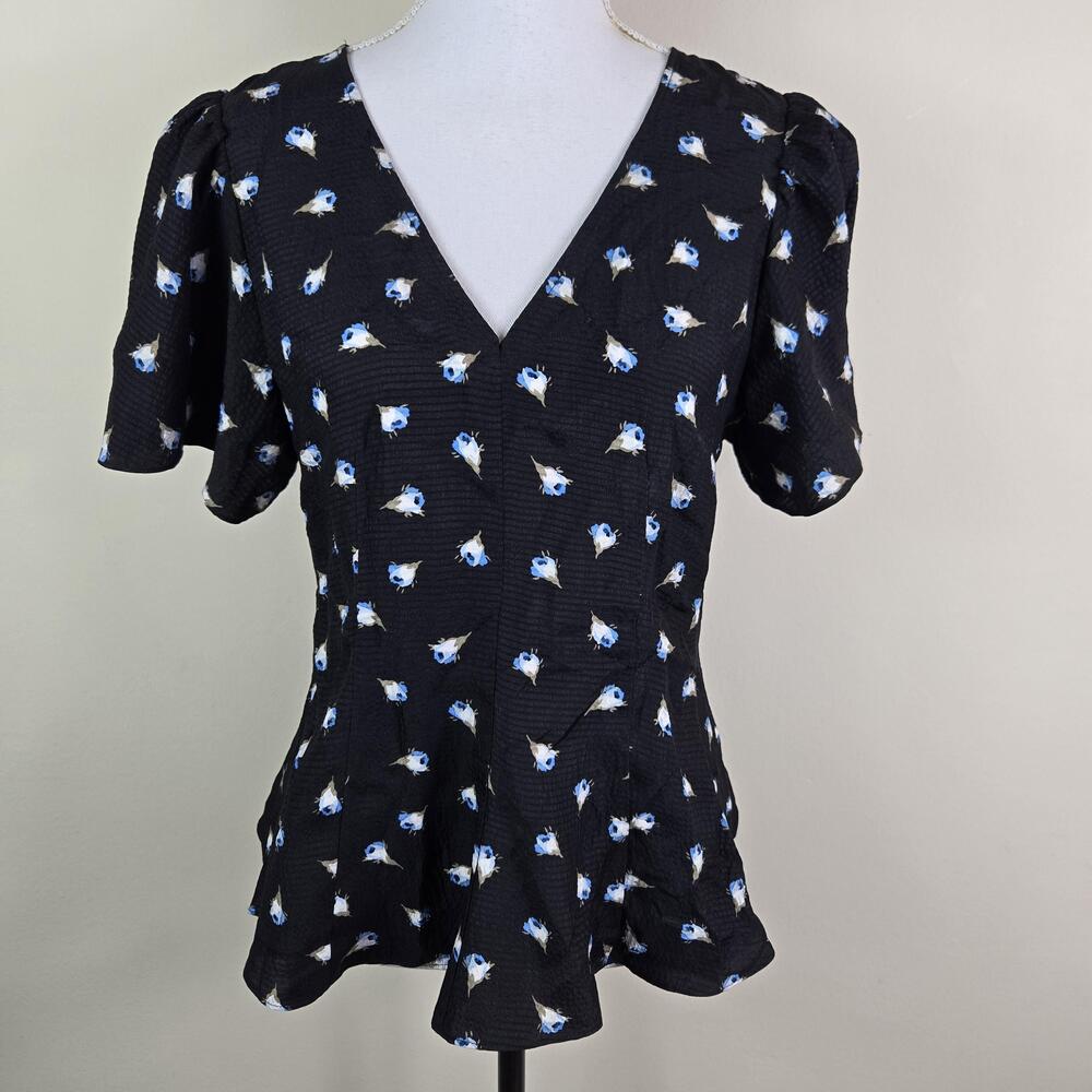 Rebecca Taylor Top Womens 6 Black Blue Floral Silk Short Sleeve V Neck Brigette